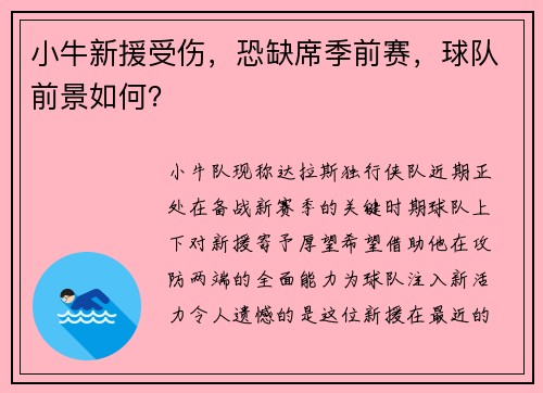 小牛新援受伤，恐缺席季前赛，球队前景如何？