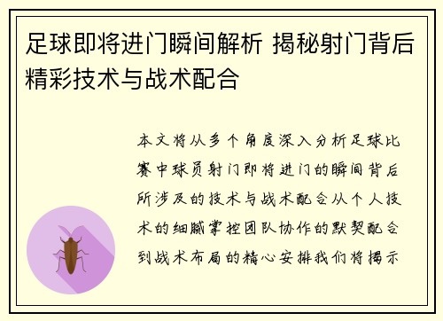 足球即将进门瞬间解析 揭秘射门背后精彩技术与战术配合