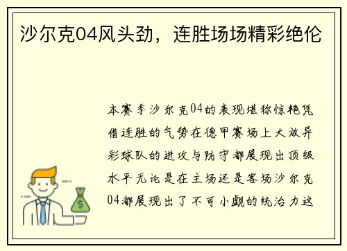沙尔克04风头劲，连胜场场精彩绝伦