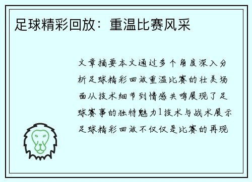 足球精彩回放：重温比赛风采