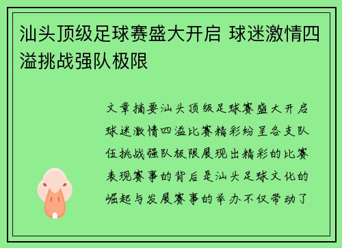 汕头顶级足球赛盛大开启 球迷激情四溢挑战强队极限