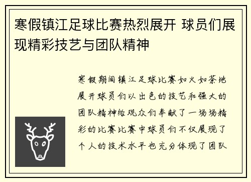 寒假镇江足球比赛热烈展开 球员们展现精彩技艺与团队精神