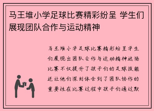 马王堆小学足球比赛精彩纷呈 学生们展现团队合作与运动精神