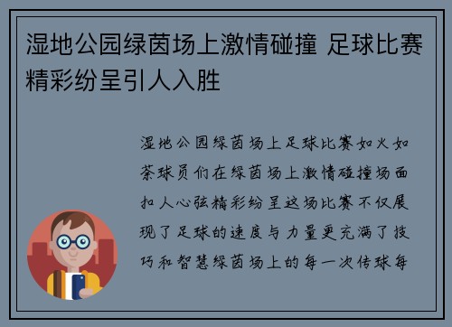 湿地公园绿茵场上激情碰撞 足球比赛精彩纷呈引人入胜