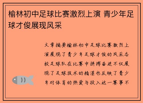 榆林初中足球比赛激烈上演 青少年足球才俊展现风采