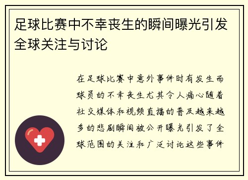 足球比赛中不幸丧生的瞬间曝光引发全球关注与讨论