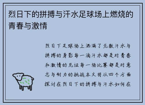 烈日下的拼搏与汗水足球场上燃烧的青春与激情