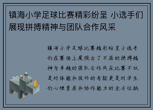 镇海小学足球比赛精彩纷呈 小选手们展现拼搏精神与团队合作风采