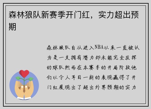 森林狼队新赛季开门红，实力超出预期