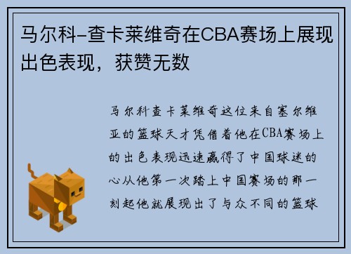 马尔科-查卡莱维奇在CBA赛场上展现出色表现，获赞无数
