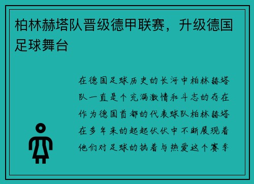 柏林赫塔队晋级德甲联赛，升级德国足球舞台