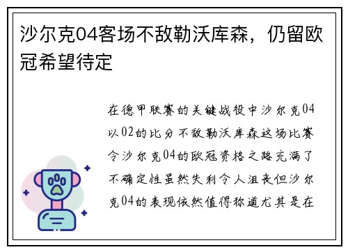 沙尔克04客场不敌勒沃库森，仍留欧冠希望待定