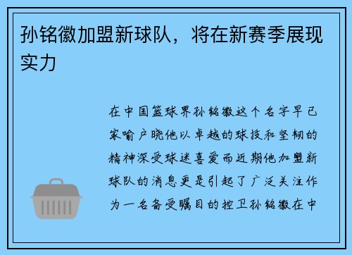 孙铭徽加盟新球队，将在新赛季展现实力
