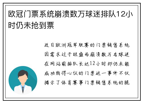 欧冠门票系统崩溃数万球迷排队12小时仍未抢到票