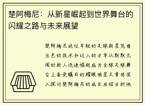 楚阿梅尼：从新星崛起到世界舞台的闪耀之路与未来展望