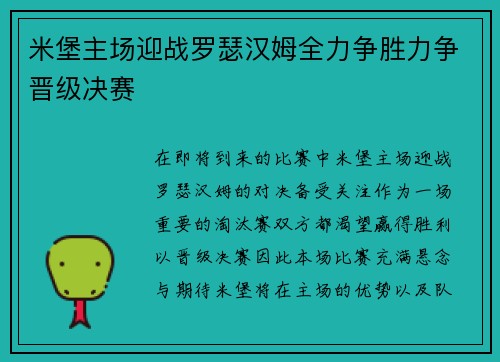 米堡主场迎战罗瑟汉姆全力争胜力争晋级决赛