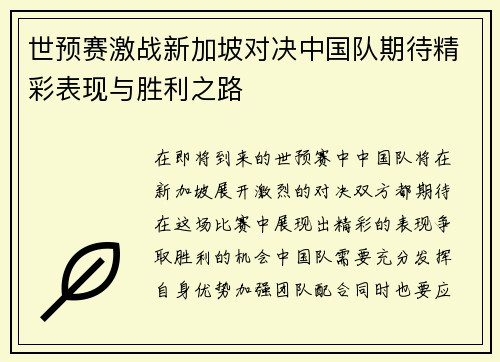 世预赛激战新加坡对决中国队期待精彩表现与胜利之路