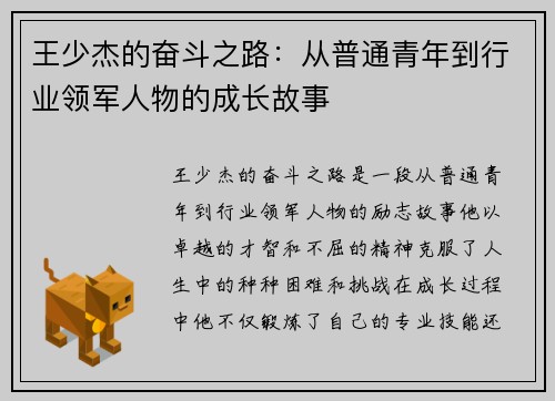 王少杰的奋斗之路：从普通青年到行业领军人物的成长故事